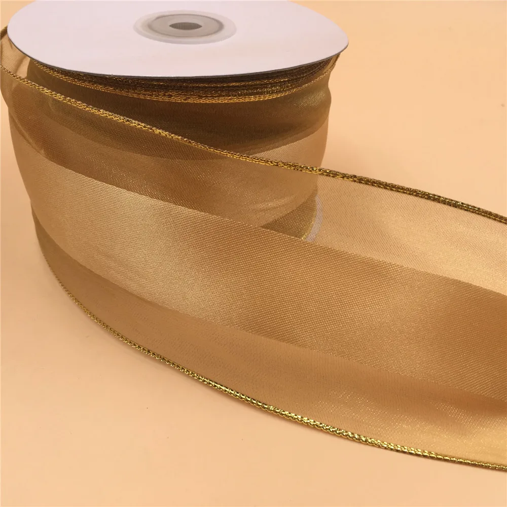 63mm X 25yards Christmas Wired Ribbon Solid Gold Satin Organza Edges for Gift Wrapping N2126