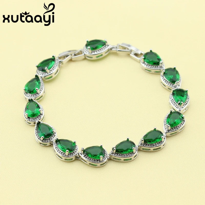 Hot Sell Silver Color Jewelry For Women Water Drop Green Imitated Emerald  Fashion Link Chain Bracelets Length 18+2cm Free Box