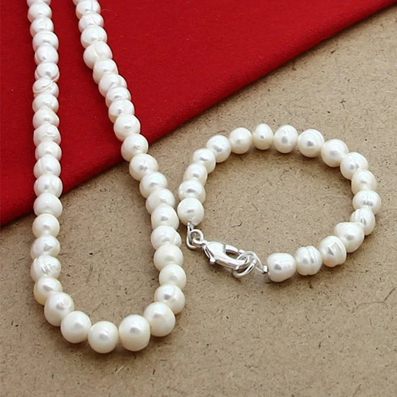 Aravant Fashion Simulated Pearl Jewelry Sets Silver 925 Women White Pearl Necklace Bracelet