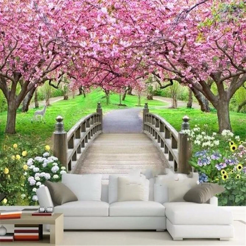 Home Decor Wallpaper Mural Photo Sakura Wood Bridge Park Background Wall paper 3D Living Room Bedroom Customized Painting