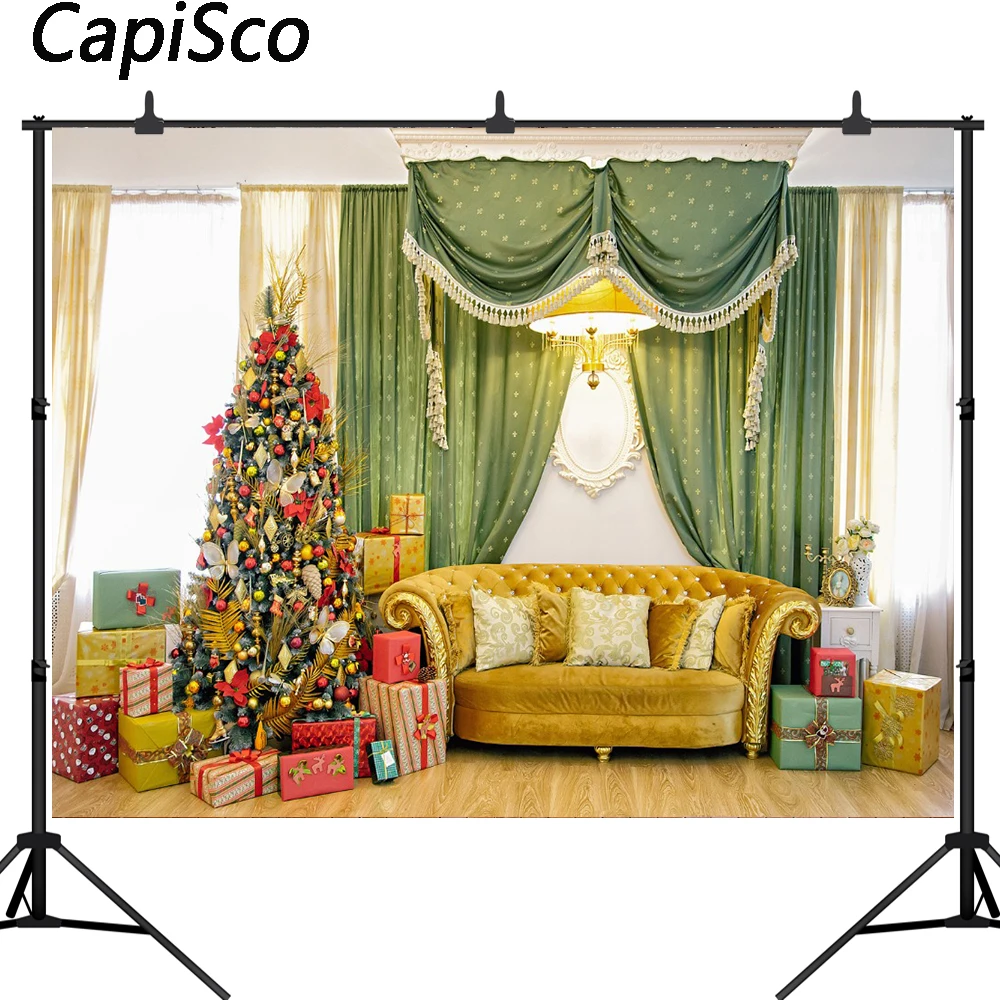 

Capisco Christmas Tree gift Sofa Chandelier Curtain Photography Background Customized Photographic Backdrops For Photo Studio