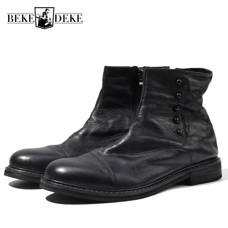 Italy Handmade Office Work Men Genuine Leather Ankle Boots Gothic Rivet Punk Footwear Motorcycle Man High Top Safety Shoes Botas