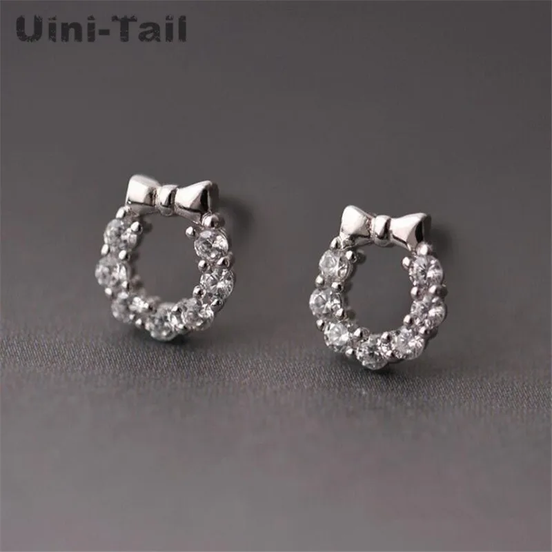 Uini-Tail hot new 925 Tibetan silver Korean fashion simple cute bow round micro-set earrings high quality trend jewelry GN625