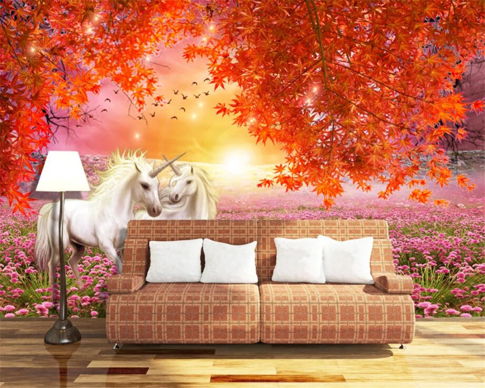 

Beibehang Custom Wallpaper Home Decorative Background Maple Leaves White Horse Unicorn 3D Fresh TV Background Wall 3d wallpaper