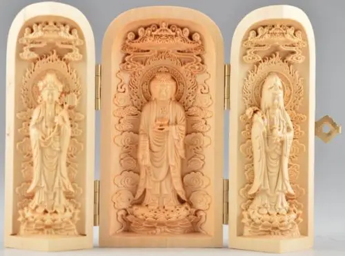 

Exquisite Chinese Boxwood Buddha Kwan-yin Statue Amulet Auspicious Box