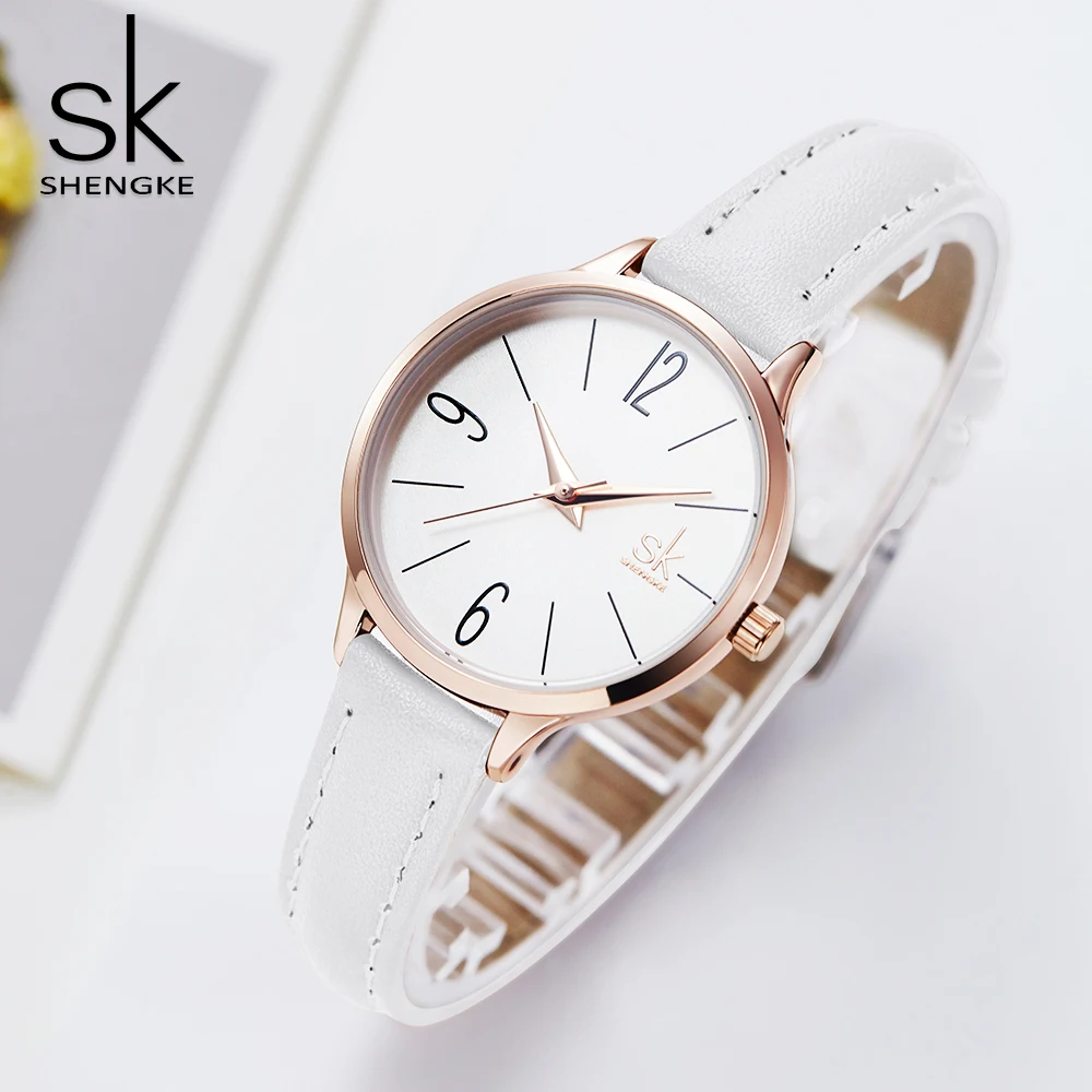 Shengke Fashion Female\'s Watches White Leather Girl Wristwatches Simple Women Quartz Clock Comfortable Buckle Round Case Hour