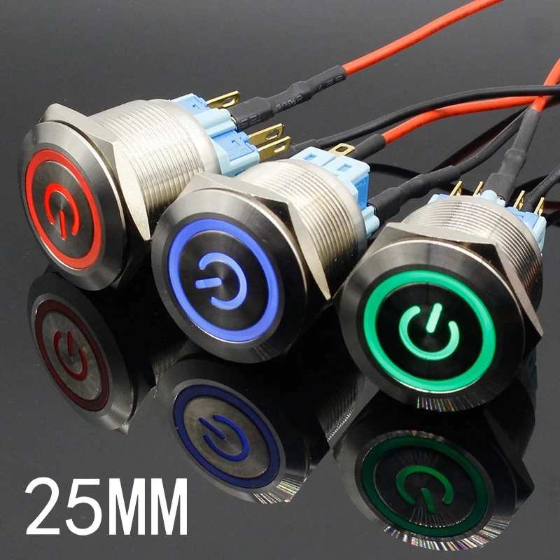 1pc 6Pin 25mm Metal Stainless Steel Momentary/Latching LED Push Button Switch Car Auto Engine Start PC Power Symbol
