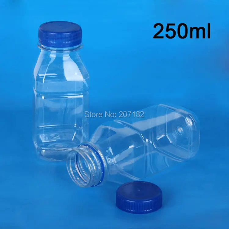 (100PCS/Pack) 250ml Transparent Square PET Liquid Bottle, Fruit Juice Bottle, Yogurt Bottle--Blue & White Cap Available