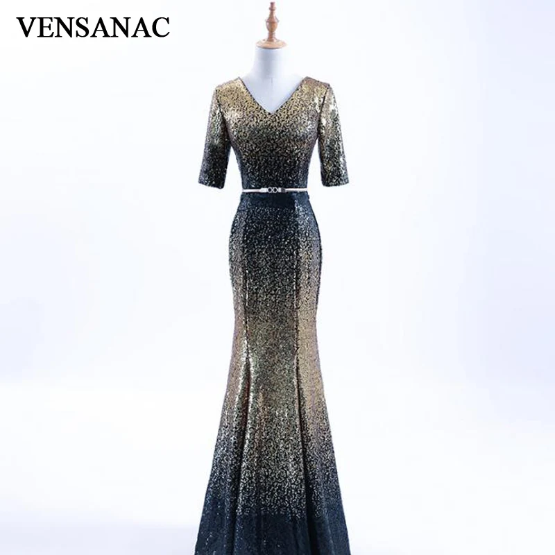 

VENSANAC V Neck Sequined Long Mermaid Evening Dresses Party Metal Sash Lace Half Sleeve Backless Prom Gowns