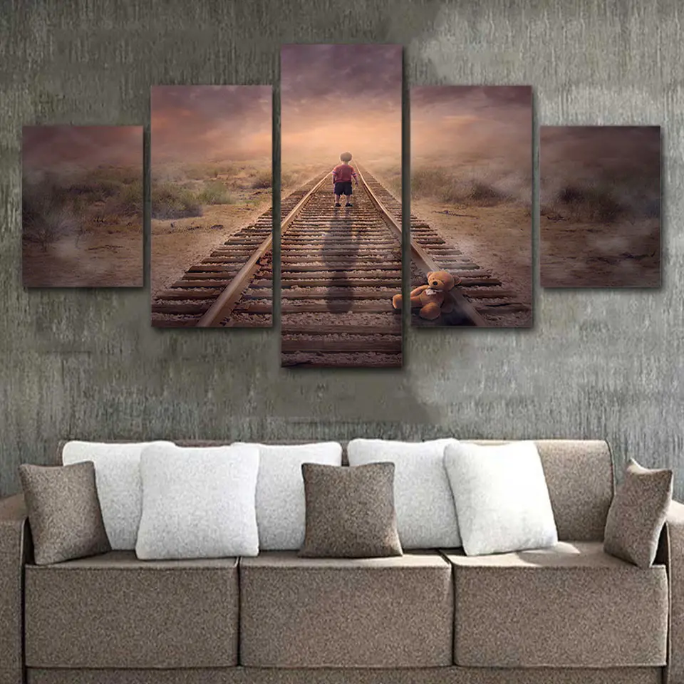 ArtSailing 5 Piece canvas painting sunset railroad boy back shadow art wall Home Decoration For Living Room HD Prints Poster