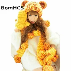 BomHCS Beanie+ Gloves+ Scarf 100% Handmade Knit Hat Neckerchief Mittens Cute Ears Soft Pompoms