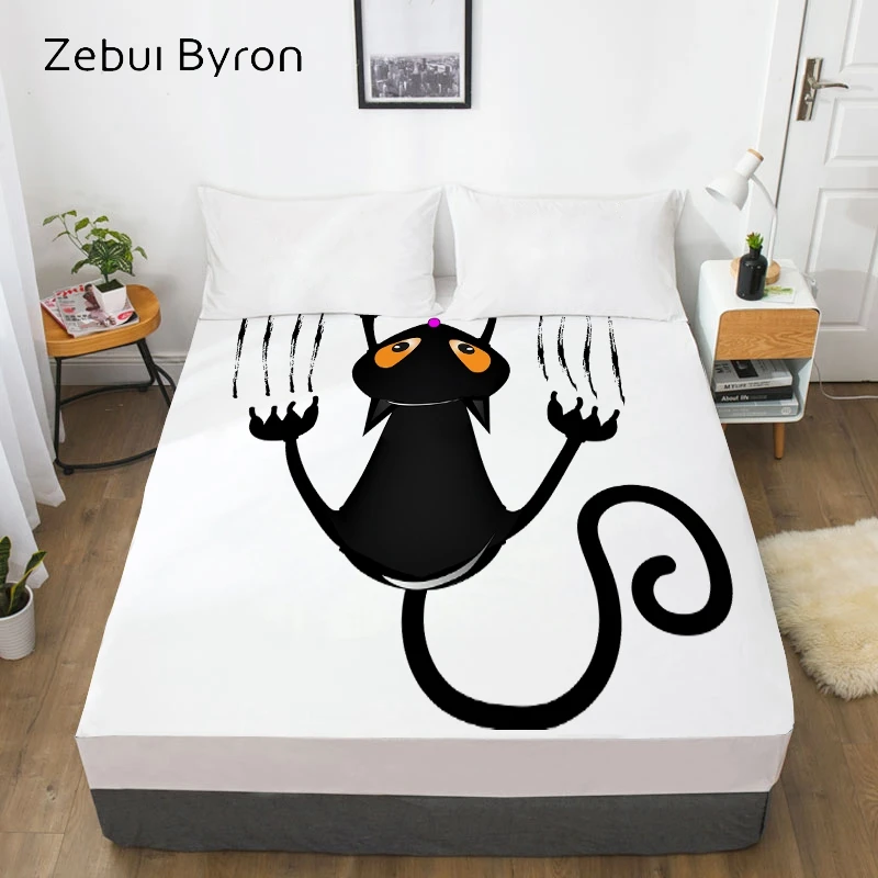 3D Bed Sheet With Elastic,Fitted Sheet Custom/Queen/King,Halloween black cat climbs the wall Mattress Cover 150/180/200/160x200