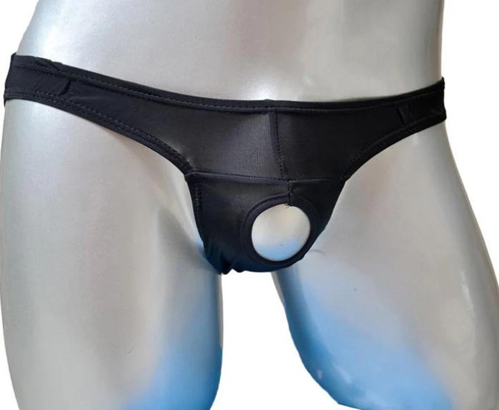 Low rise sexy men underwear man gay ice silk buttocks hole briefs panties with buckle black white