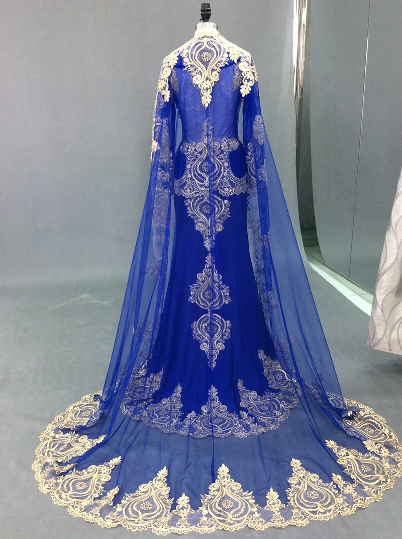 Robe de soirée de forme sirène, tenue de soirée de standing, bleu Royal, manches longues, broderie dorée, perles et cristaux, avec Cape, 2020