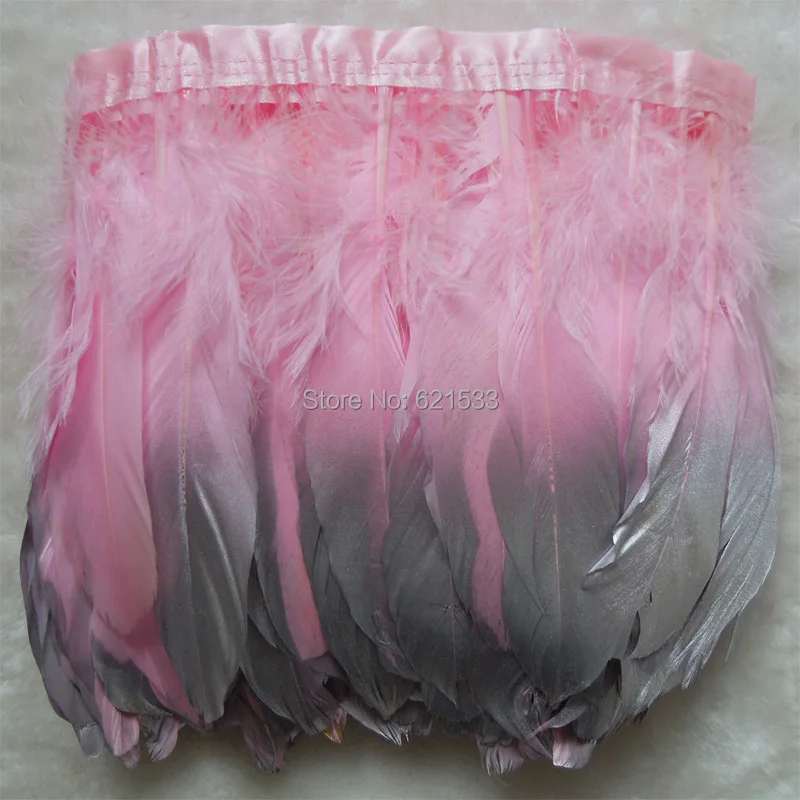 2Yards/Lot! Dipped Silver Pink Goose Feather Trim  Natural Feather Fringes Ribbon for Crafts Party Skirt Sewing Decoration