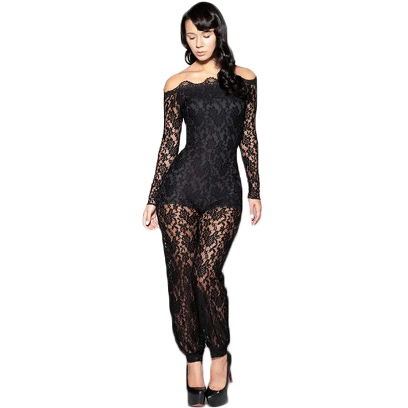 Wanita Renda Bunga Hitam Lengan Panjang Jumpsuit Baju Monyet Clubwear Seksi Off Bahu Slash Leher Playsuit Bodycon Partai Celana Wanita