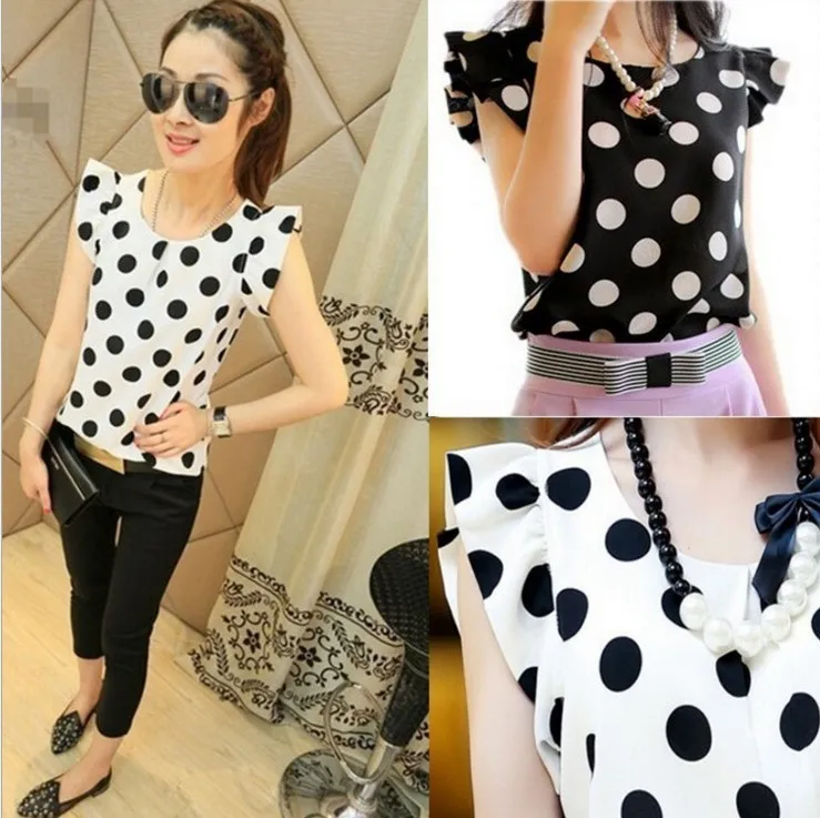 Elegant Short Sleeve Women Tops Chiffon Blouses New Fashion Summer Slim Women Polka Dot Print Chiffon Shirt O-Neck Blusas