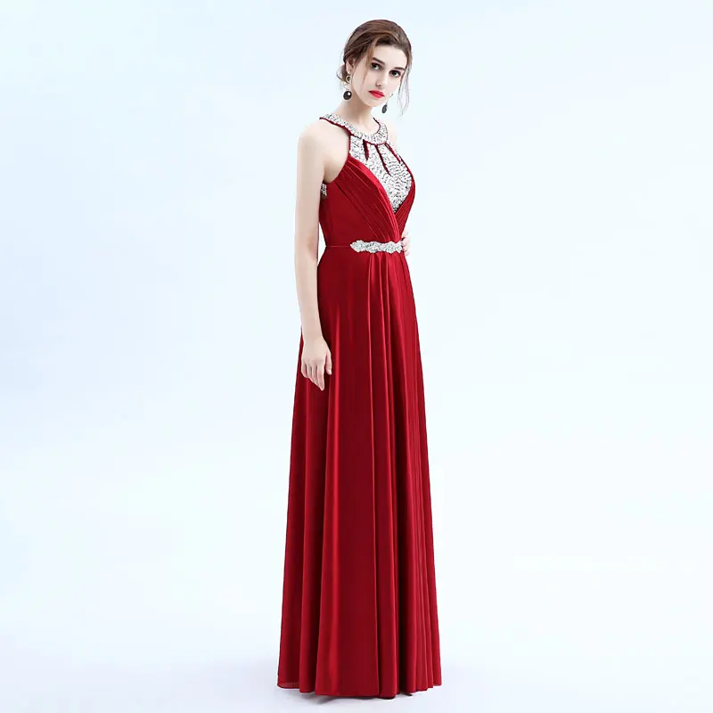 Pluse Ukuran Merah Manik-manik Pleat Sutra Gaun Malam Panjang 2020 Backless Halter Gaun Formal Silm Malam Gaun Pesta