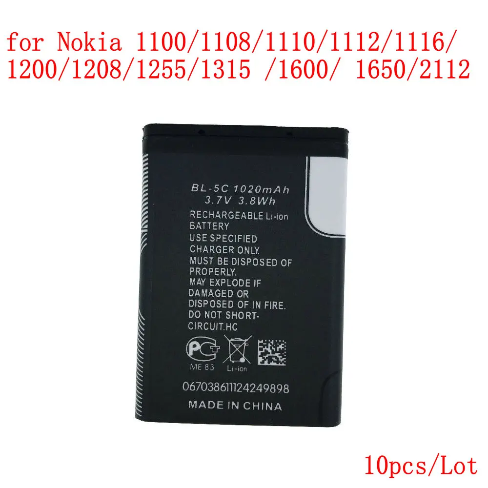 10pcs/lot High Quality 1020mAh BL-5C battery for  Nokia 1100/1108/1110/1112/1116/1200/1208/1255/1315 /1600/ 1650/2112