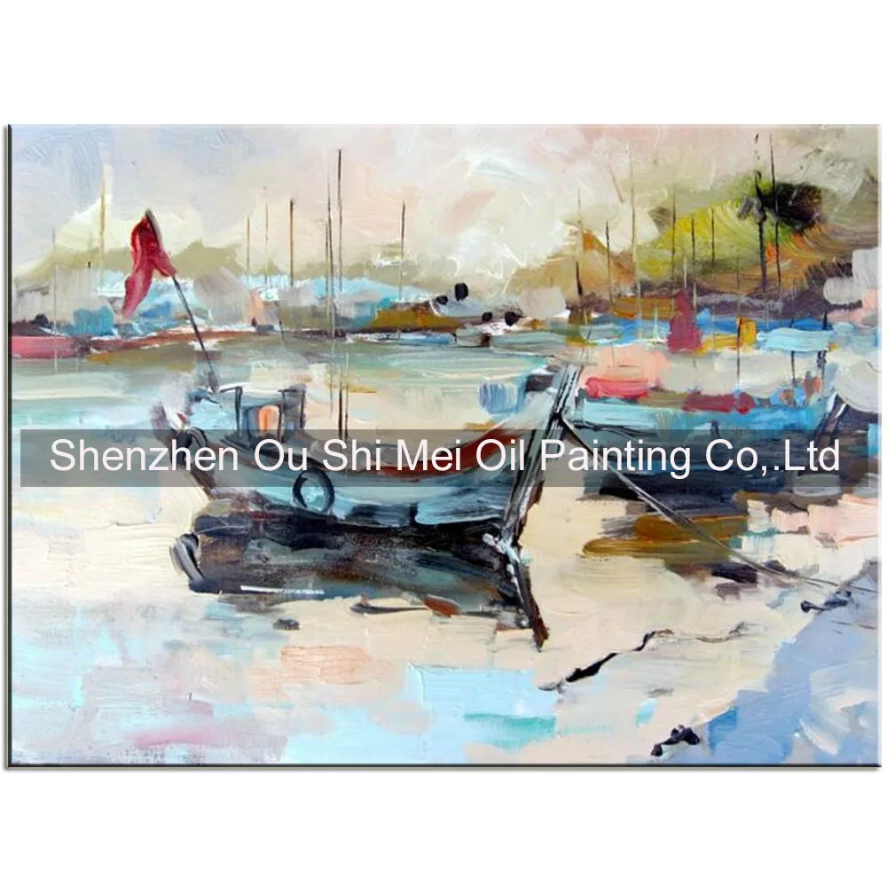 Hand Painted Knife Oil Painting on Canvas Seascape Painting Impression Abstract Boat Hang Picture Artwork for Living Room Decor