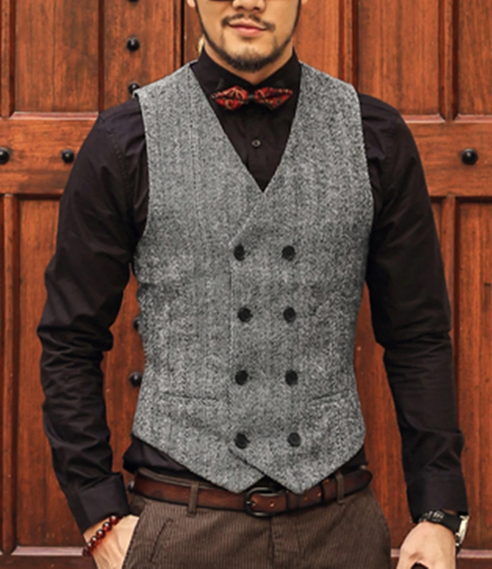 Merah Marun Pria Double-Breasted Rompi Slim Fit Wol/Setelan Berbahan Tweed Rompi Kasual Top Kualitas Herringbone Pola Rompi untuk Pernikahan