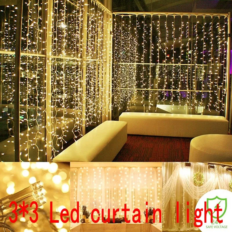 Natal Janela Decoração Luzes, Cordas de Cortina, Lâmpadas LED, Ano Novo, Jardim, Casa, Festa de Natal, Casamento, Feriado, 3m, 300 LEDs, 220V