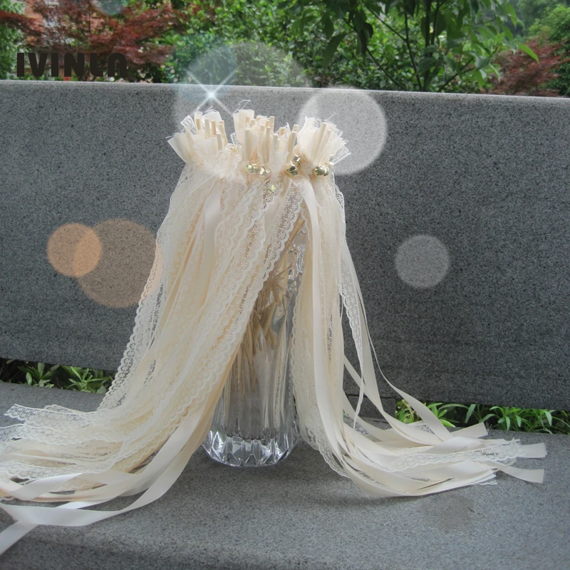 50pcs/lot Cream Lace  wedding ribbon stick wands with gold bell for wedding decoration