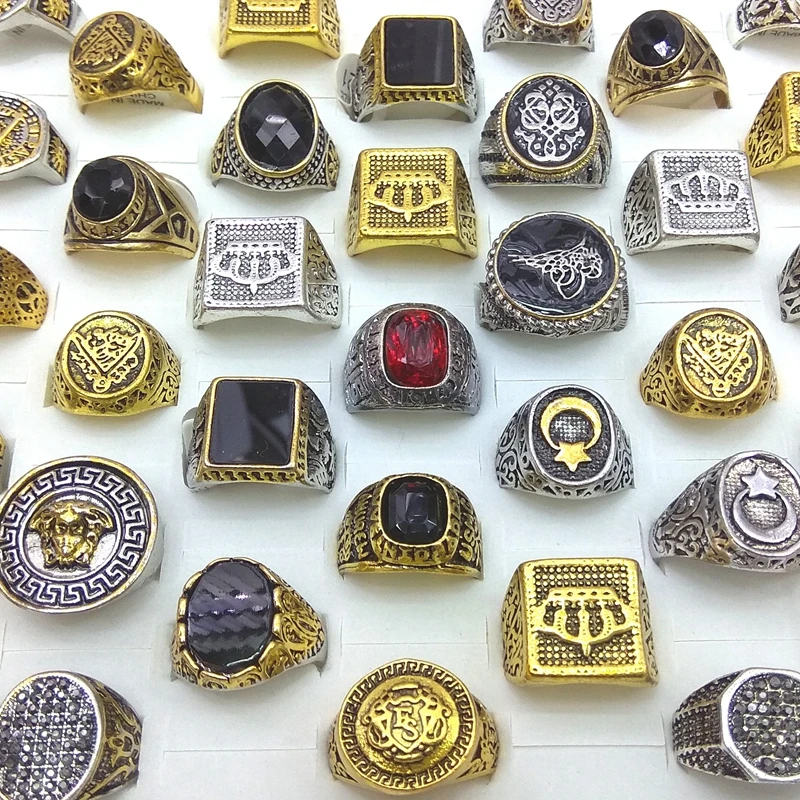 50pcs/lot Gold Color Silver Color Square Round Shape Mixed Designs Men's Rings Wholesale