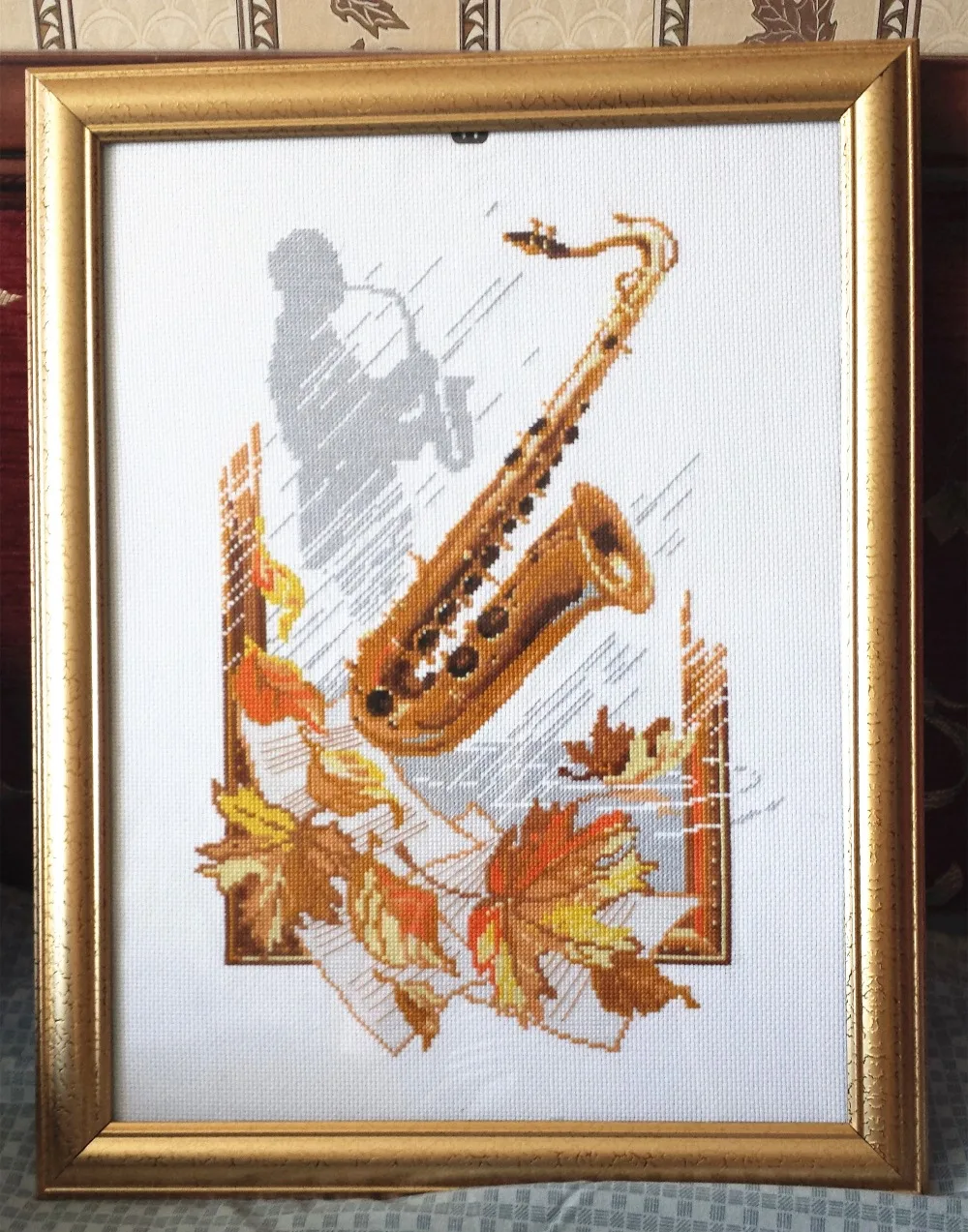 Saxophone and Maple Leaf Cross Stitch Kit, Embroidery Cloth Kit, DIY Handmade Needlework, Pattern, 18CT