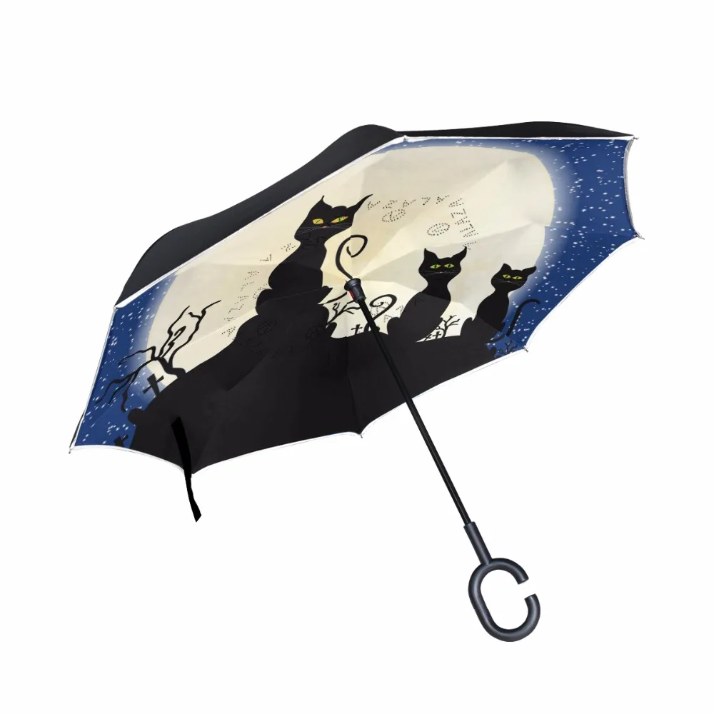 Night Sky Milky Way Moon Cat Windproof Reverse Umbrella Male Double Layer Inverted Self Stand Rain Umbrella For Car Parapluie