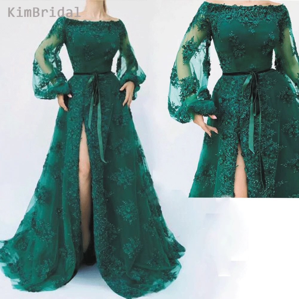 Green Prom Dresses 2019 Scoop Hals Lange Mouwen Een Lijn Side Slit Lace Avondjurken Vestidos De Fiesta