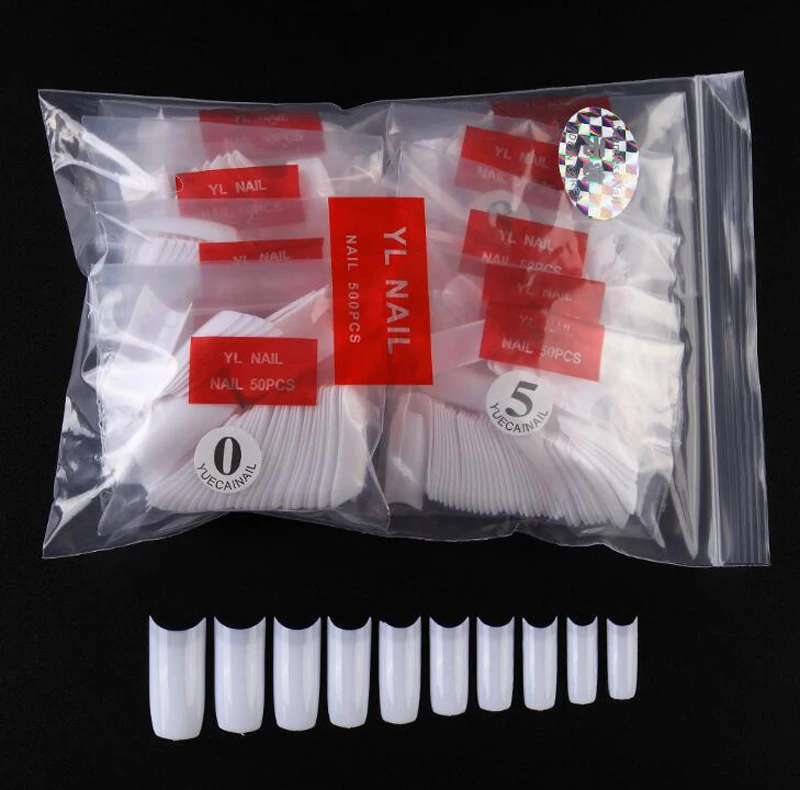 Puntas de uñas postizas francesas curvas C, Punta acrílica de medio dedo, Gel UV, 10 tamaños, 500 unidades