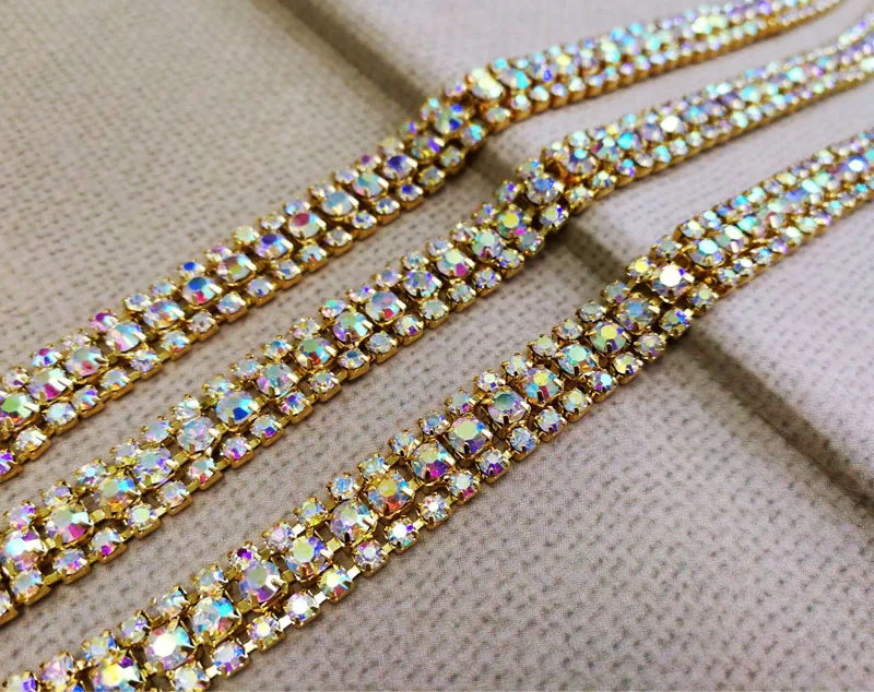 New!! 3 rows 1yard Gold bottom rhinestones chain,Sewing style diy clothing accessories Free shipping