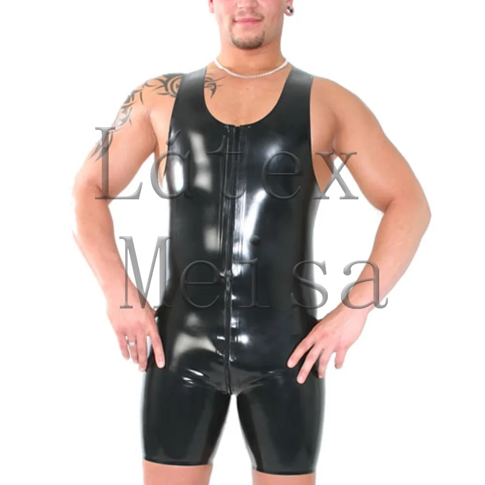 

Black vest zentai men's leotard sleeveless latex catsuit with front zip to back waist