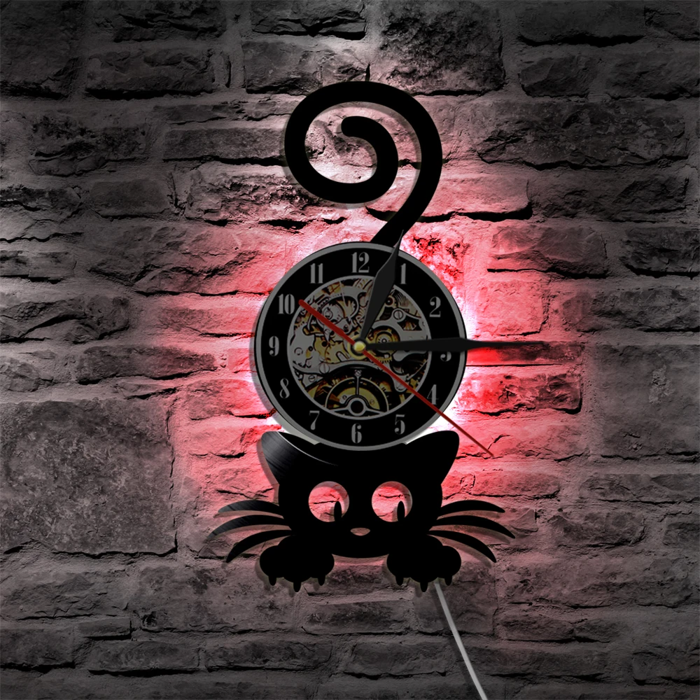 

Askance Cat Vinyl Record Wall Clock Modern Wall Lamp Kitten With Funny Tail Home Decor Wall Watch Art LED Hanging Lamp