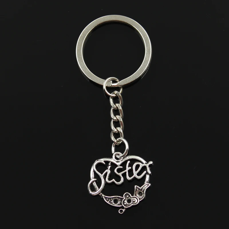 Fashion 30mm Key Ring Metal Key Chain Keychain Jewelry Antique Bronze Silver Color Plated Heart Sister Flower 24x24mm Pendant