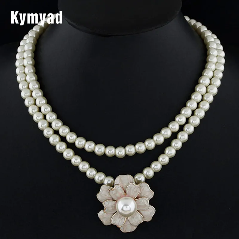 Kymyad Imitation Pearl Necklace Women Collares New Flower Necklaces & Pendants Double Layer Choker Statement Necklace Jewelry