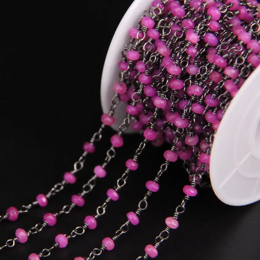 

5Meters,2x4mm Rose Pink Jades Faceted Rondelle Metal Black Chain,Malaysia Jaspers Abacus beads Gun Black Rosary Chain