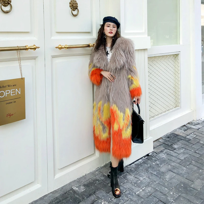 Ftangaiur Winter Women Import Fox Fur Coat Slim Turn-Down Collar Print Fur Coats Women's Causal Real X-Long Fox Fur Coats