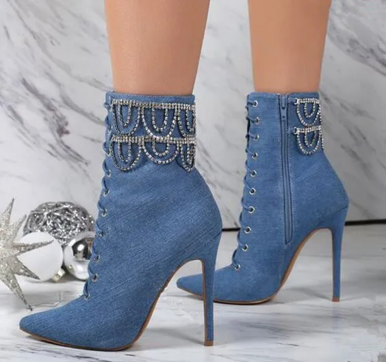 Classy denim blue beaded fashion booties size 35-42 pointed toe thin high heels string beads charming spring autumn ankle boots