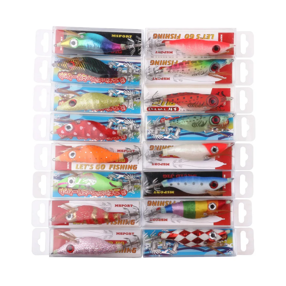 20Pcs 9G/10CM Squid Jig Fishing Wood Shrimp Lure Squid Cuttlefish Jigs Lures Pesca Fishing Tackles Random Color