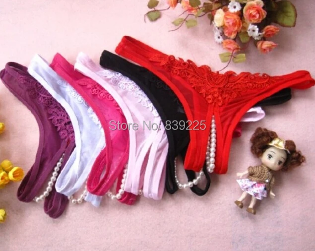 

Free shiping 6pcs/ Lot Women's gauze sexy pearl thong t pearl massage panties nt040