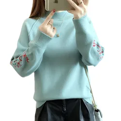 Embroidery Half Turtleneck Pullovers Sweater Women 2020 Autumn Winter Women Jumper  Knitted Bottoming Sweaters Femme Tops AA400