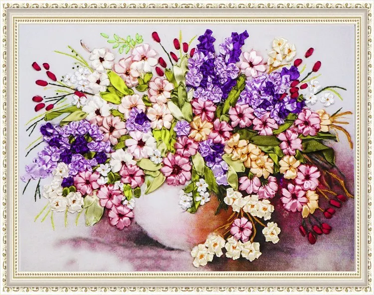 Needlework,DIY Ribbon Cross stitch Set for Embroidery kit, Vase Daisy flowers ribbon Cross-Stitch handwork wedding home decor