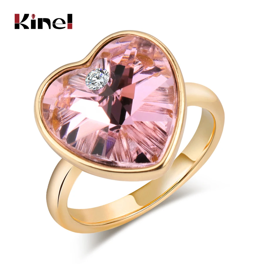 Kinel Fashion Heart Crystal Wedding Rings For Women Female Cubic Zirconia Engagement Party Pink Ring Statement Charm Jewelry