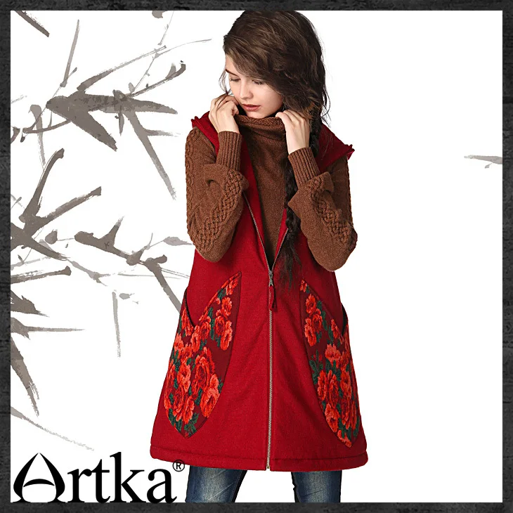 ARTKA Women\'s Autumn Winter Vintage Hooded Vest Red Zipper Embroidered Floral Sleeve Cotton Vest For Female MA10049Q