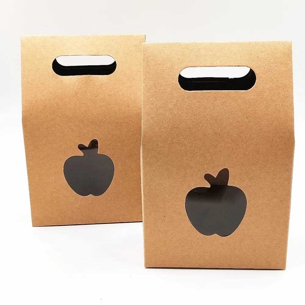 

200Pcs/Lot Easy Handle Kraft Paper Bags With Clear PVC Windows for Jewelry/Apple/Cake Christmas Eve Gifts Carrying Packing Box