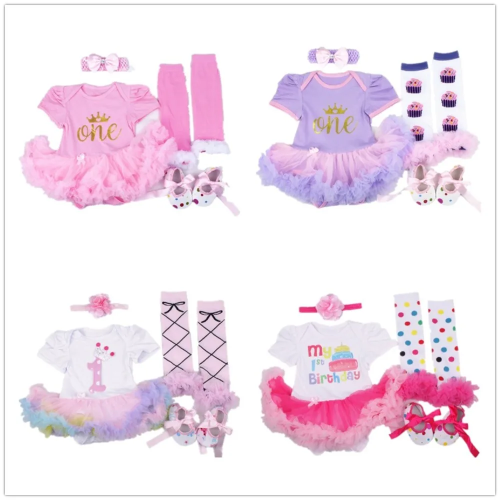 Lace Baby Girl Clothes 4 in 1 Sets Girls Tutu Dress Bodysuit Leg Warmer First Walker Headband 1st Birthday Costumes Infant Shirt