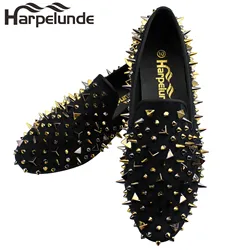 Harpelunde Spikes Black Men Dress Wedding Shoes Slip On Tuxedo Rivets Loafers Studs Velvet Slippers