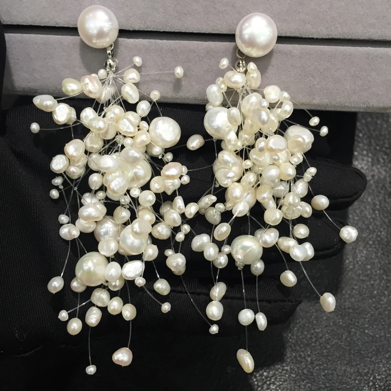 Hyperbole Natural fresh water  pearl drop earring big and small size mixed  long earring fashion women jewelry  free shipping